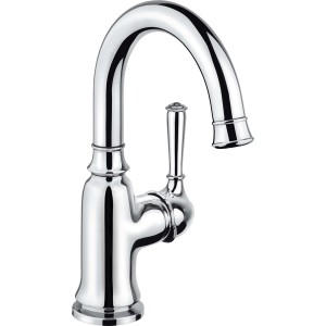 Chromfarbene baliv Waschtischarmatur WT-130 mit hohem, gebogenem Auslauf und filigranem Hebel.