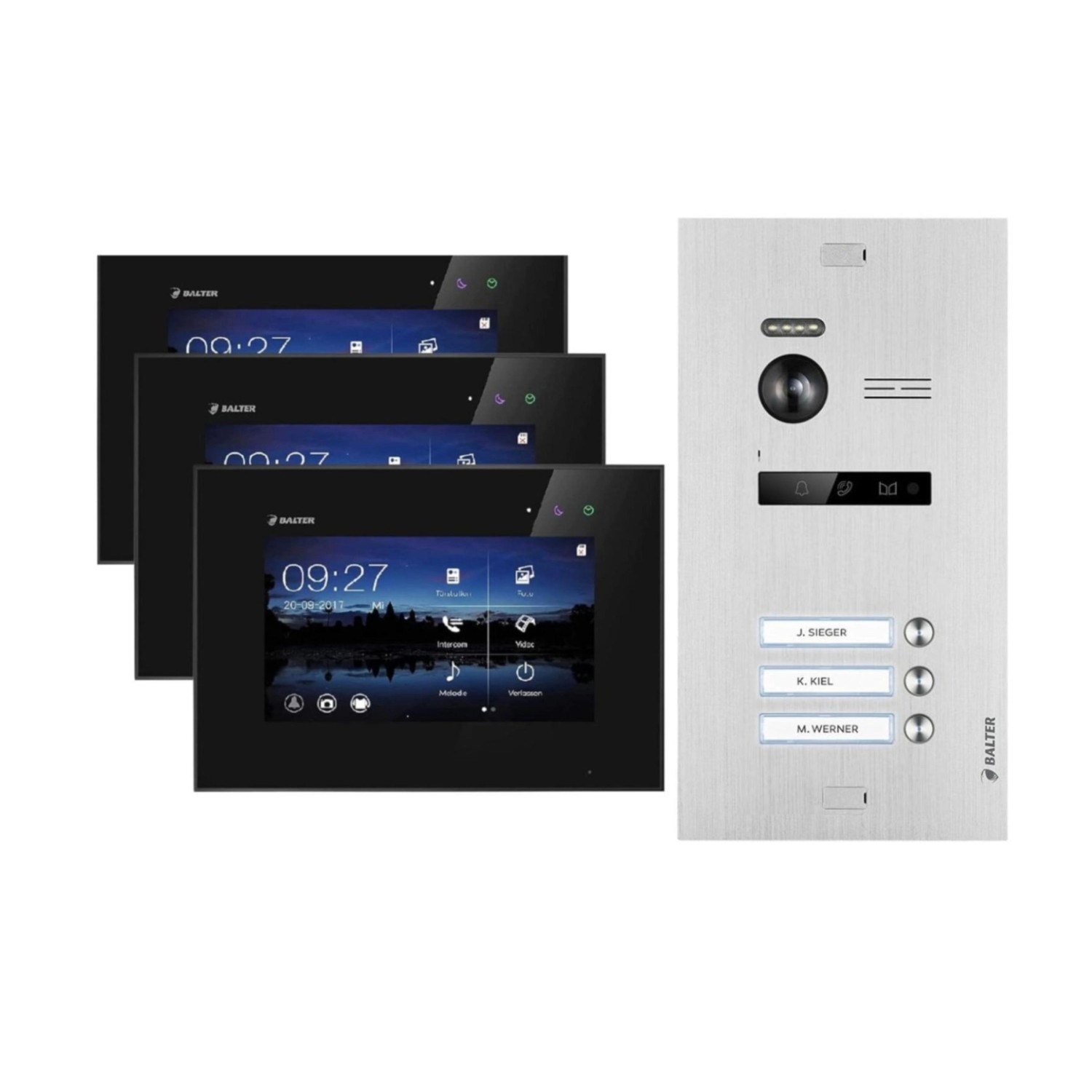 Balter EVO Video-Türsprechanlage für Dreifamilienhaus mit 3x 7 Zoll Monitor Silber-Schwarz