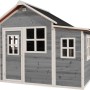 Graues EXIT Loft 150 Holzspielhaus mit Anbau, Tür und Fenstern.