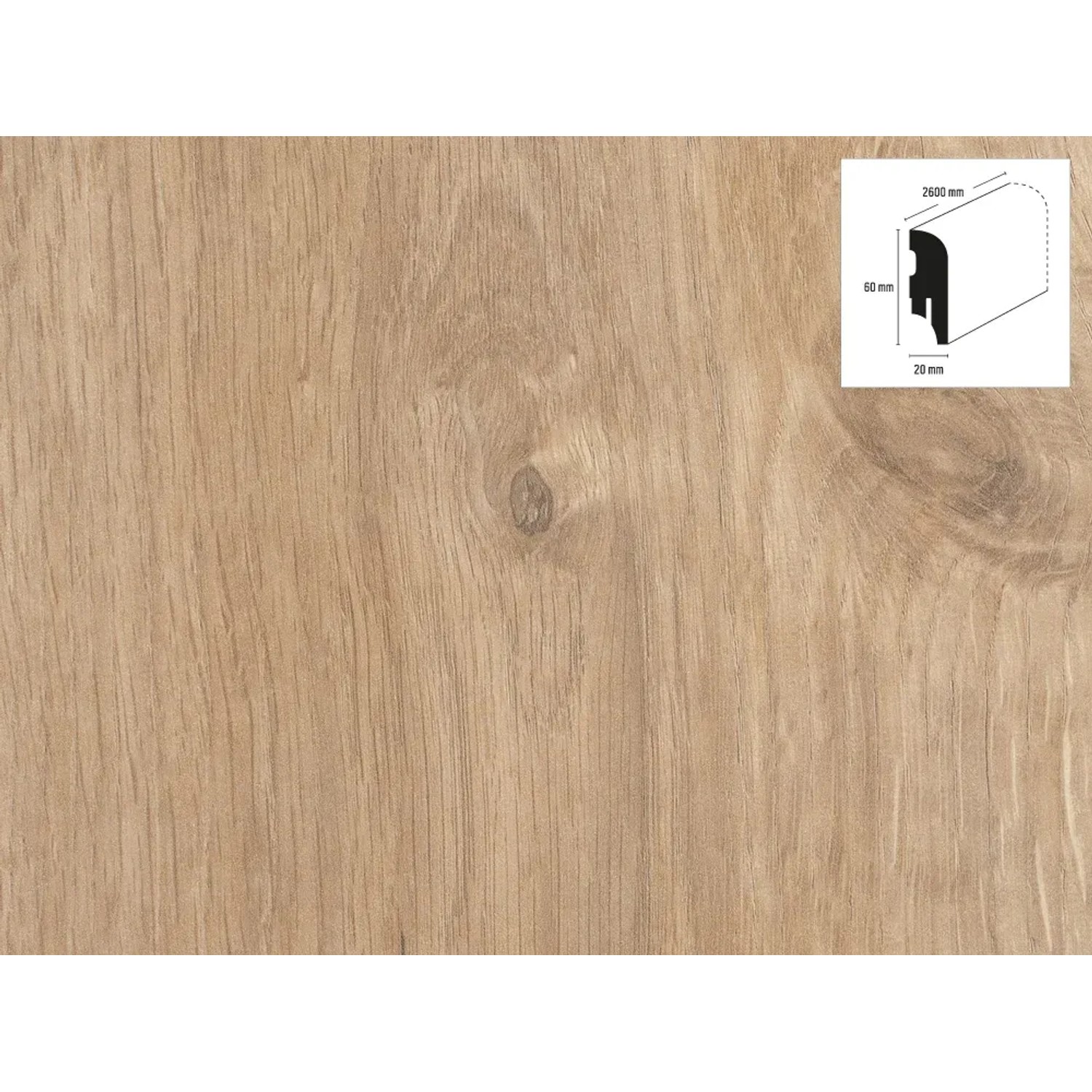 Sockelleiste Celtic Oak, 40x20x2600 mm, Eichenoptik mit Schemazeichnung der Abmessungen.