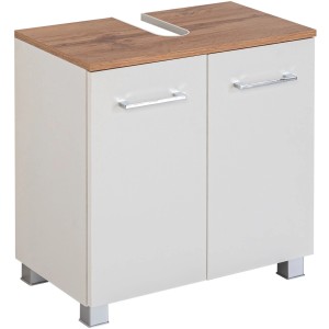 Held Möbel Waschbeckenunterschrank Molina, 60 cm, Weiß mit Holzplatte und zwei Türen.