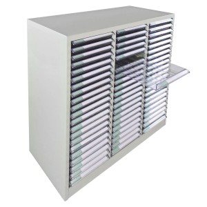 Lichtgrauer PROREGAL Schubladencontainer Kobra mit 63 transparenten Schubladen, ideal für Büro und Werkstatt.