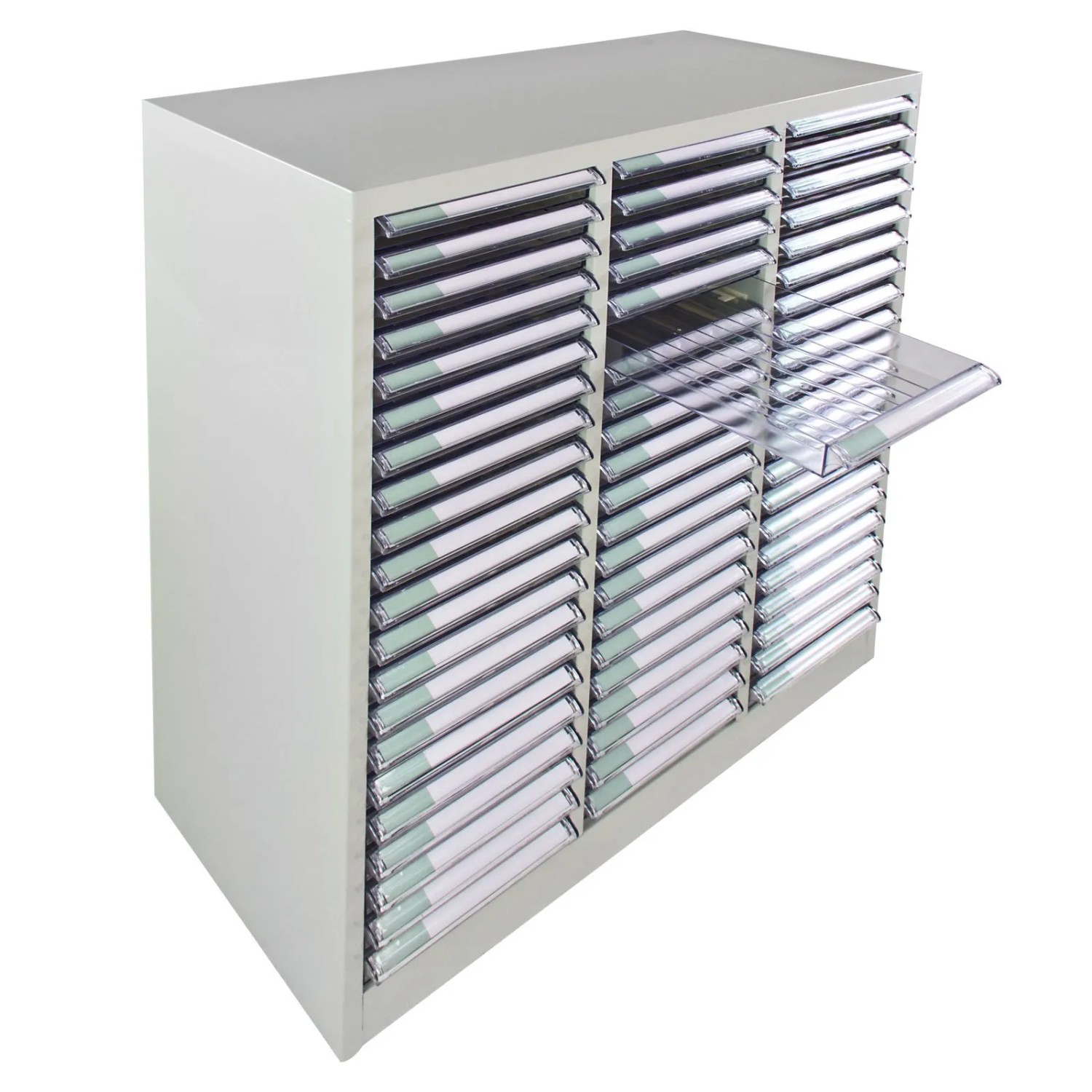 Lichtgrauer PROREGAL Schubladencontainer Kobra mit 63 transparenten Schubladen, ideal für Büro und Werkstatt.