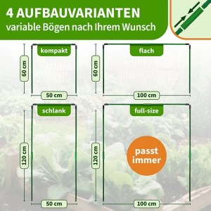 TTL GARDEN Pflanztunnel Vario: Schematische Darstellung der 4 Aufbauvarianten mit Maßangaben.