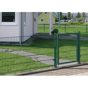 Grünes Metallzaun-Set mit Doppelstabmatten und Tor zum Einbetonieren, 160 cm hoch.
