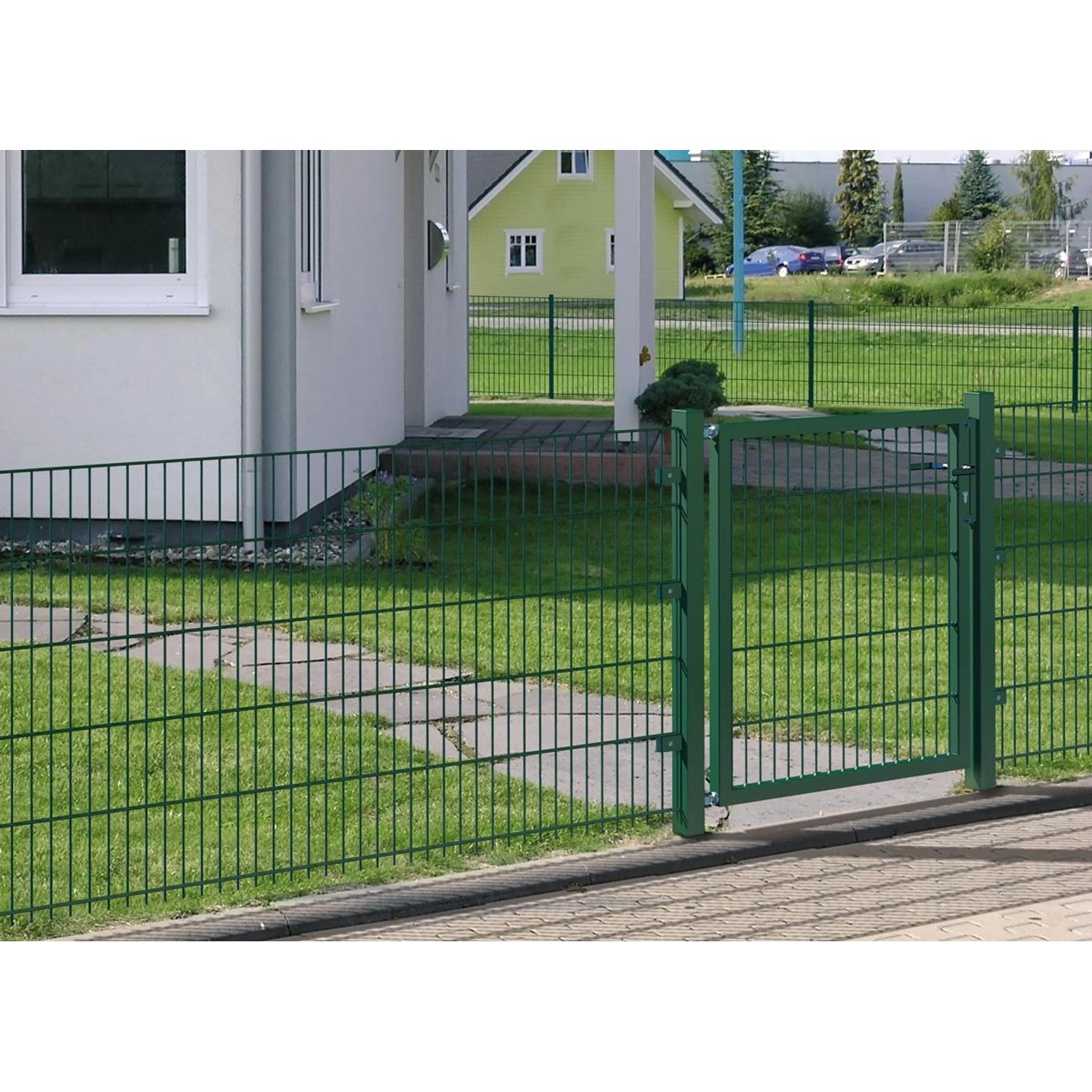 Grünes Metallzaun-Set mit Doppelstabmatten und Tor zum Einbetonieren, 160 cm hoch.