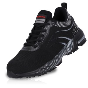 Schwarzer Eliworx S1 PL Sicherheitsschuh für Herren mit Mesh-Obermaterial, Stahlkappe und rutschhemmender Sohle.