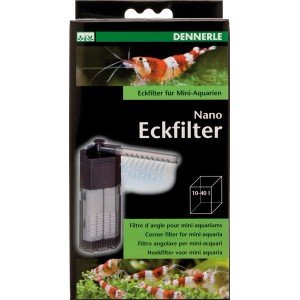Verpackung Nano Eckfilter für Aquarien, geeignet für Aquarien von 10-40l.