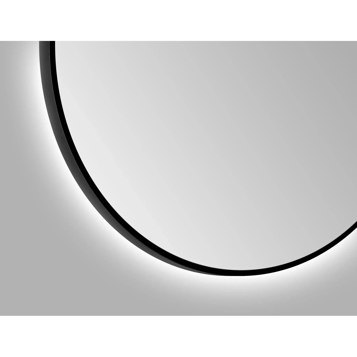 Runder DSK Design LED-Lichtspiegel Silver Globo, Ø 100 cm, mit schwarzem Rahmen und indirekter Beleuchtung.