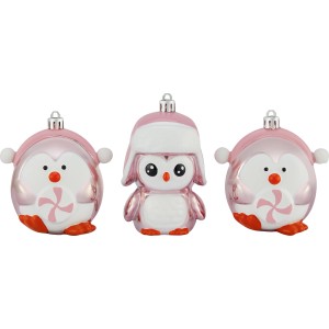 Baumschmuck-Set: 3 rosa-weiße Pinguine aus Kunststoff, matt und glänzend.