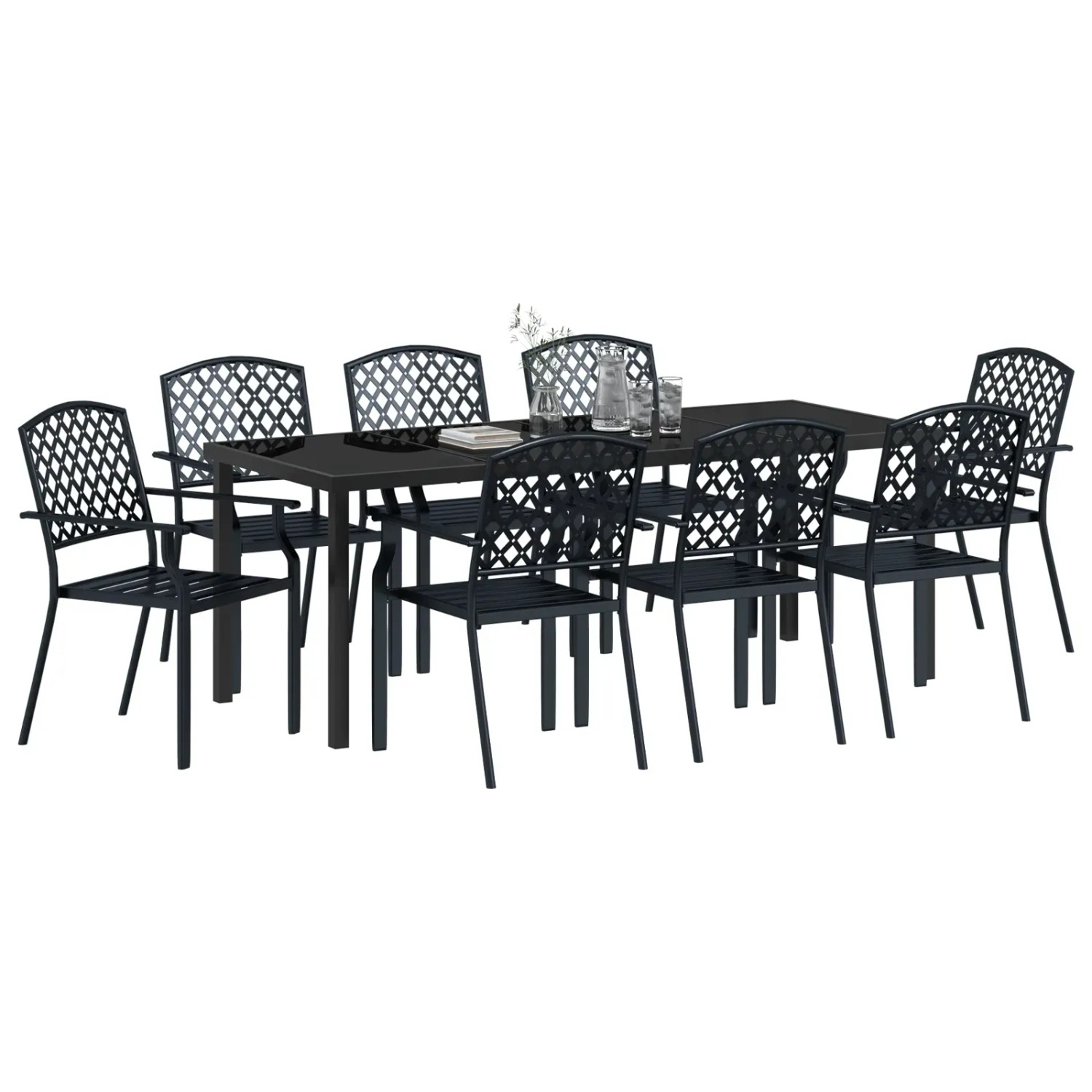 vidaXL 9-teiliges Garten-Essset aus Stahl in Anthrazit mit rechteckigem Tisch und acht Stühlen.