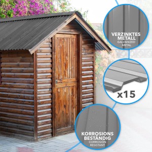 Hellgraue Karat Trapezbleche (15er Set) auf einem Gartenhausdach. Dachbleche mit Schrauben.