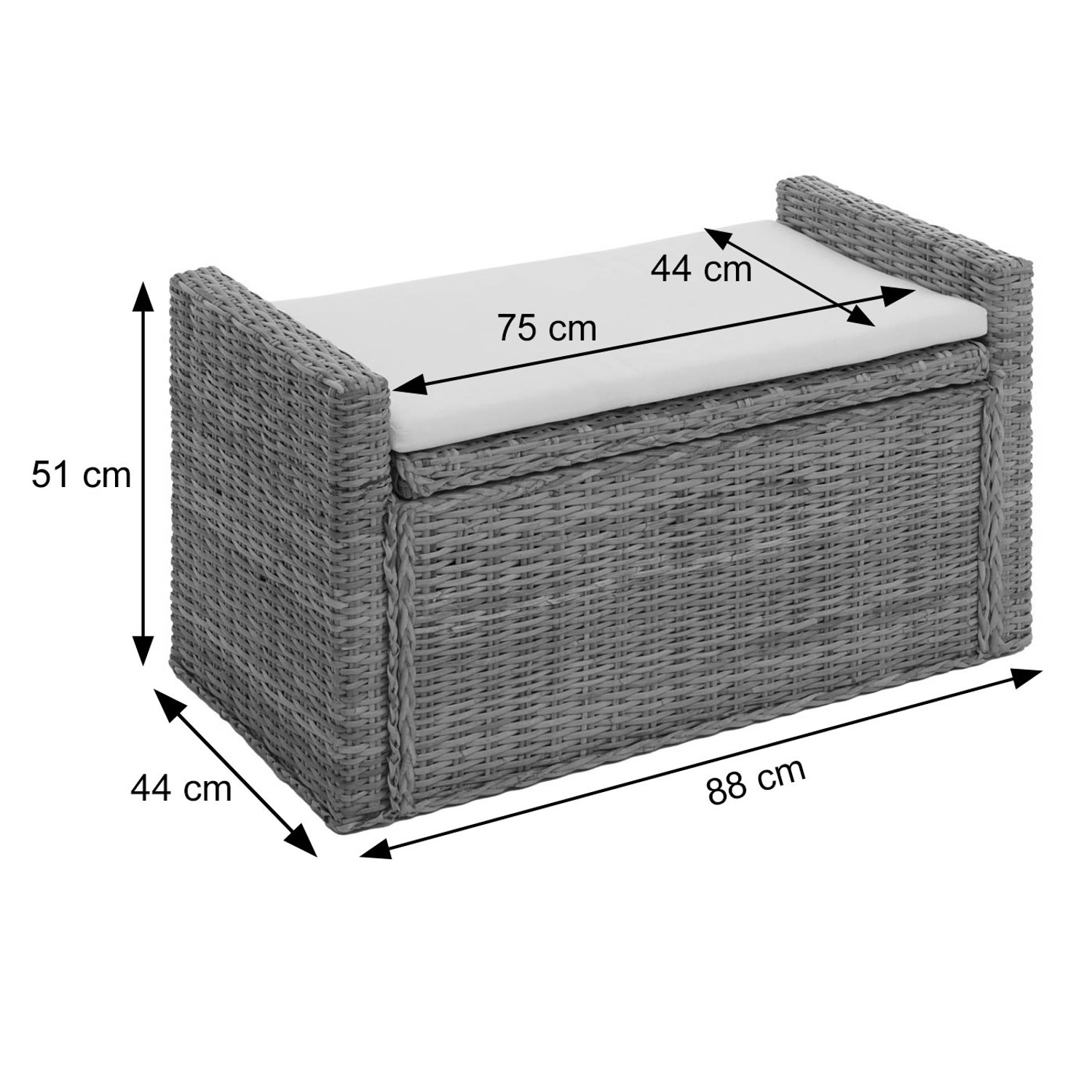 Weiße Rattan Sitzbank Genua mit Staufach und Sitzkissen, Maße eingezeichnet.