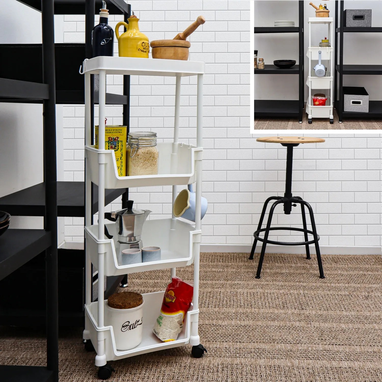 MAKLIK Küchenrollwagen 2er Set, weiß, mit 4 Ablagekörben und Rollen, gefüllt mit Küchenutensilien.