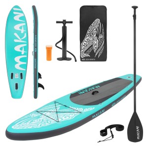 Türkisfarbenes ECD Germany Stand Up Paddle Board Makani 320 mit Zubehör Set.