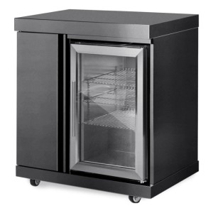 MyOutdoorKitchen Modul mit Kühlschrank und Aufbewahrungsschrank Black Collection aus Edelstahl.
