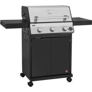 Jamestown Kane Gasgrill mit 3 Brennern, Edelstahlhaube und schwarzem Unterschrank.