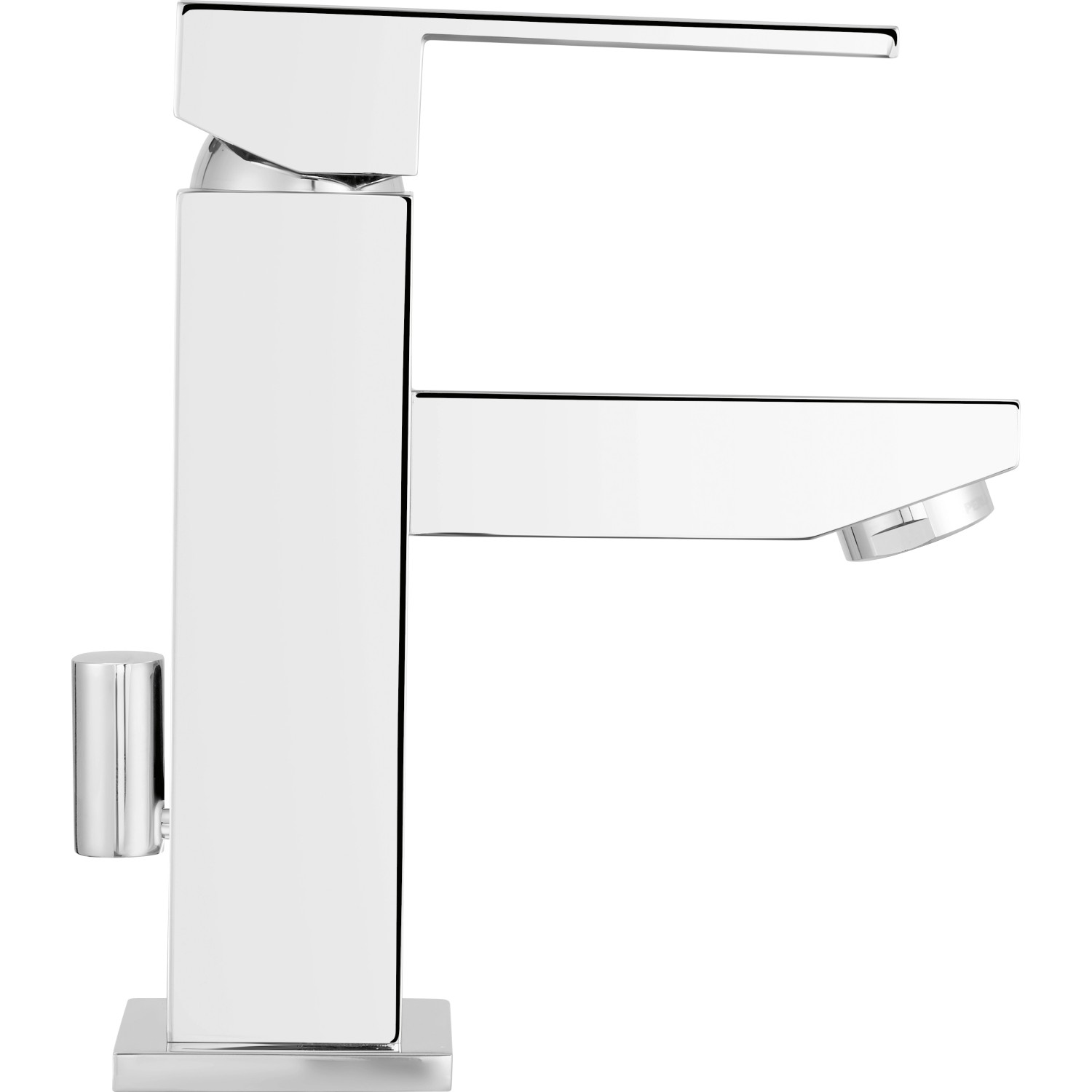 Moderne, eckige baliv Waschtischarmatur WT-5140 in Chrom mit flachem Hebel und Exzenter-Ablaufgarnitur.