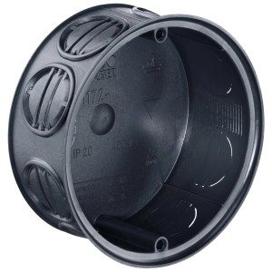 Schwarze Kaiser Abzweigdose 1172-02, 25er Pack, für Unterputzmontage. Detailansicht der Dose.