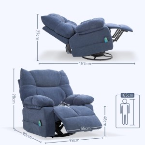 Blauer HOMCOM Relaxsessel mit Massagefunktion, elektrisch verstellbar, drehbar. Zeigt Maße in aufrechter und Liegeposition.