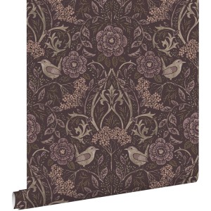 ESTAhome Vliestapete mit Blumen und Vögeln in Aubergineviolett.