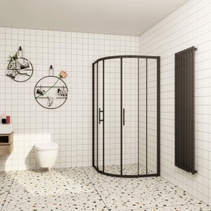 Mattschwarze Viertelkreis-Duschkabine mit ESG-Glas Schiebetür in modernem Bad. 90x90cm Duschabtrennung.
