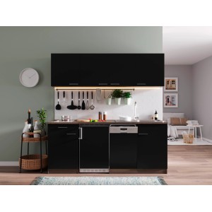 Respekta Singleküche KB195EYSC, 195cm, Schwarz-Eiche York Dekor mit Glaskeramikkochfeld.