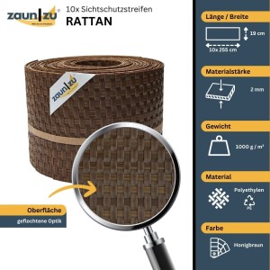 zaunzu Rattan Sichtschutzstreifen, honigbraun, 10er Set für Doppelstabmattenzaun.