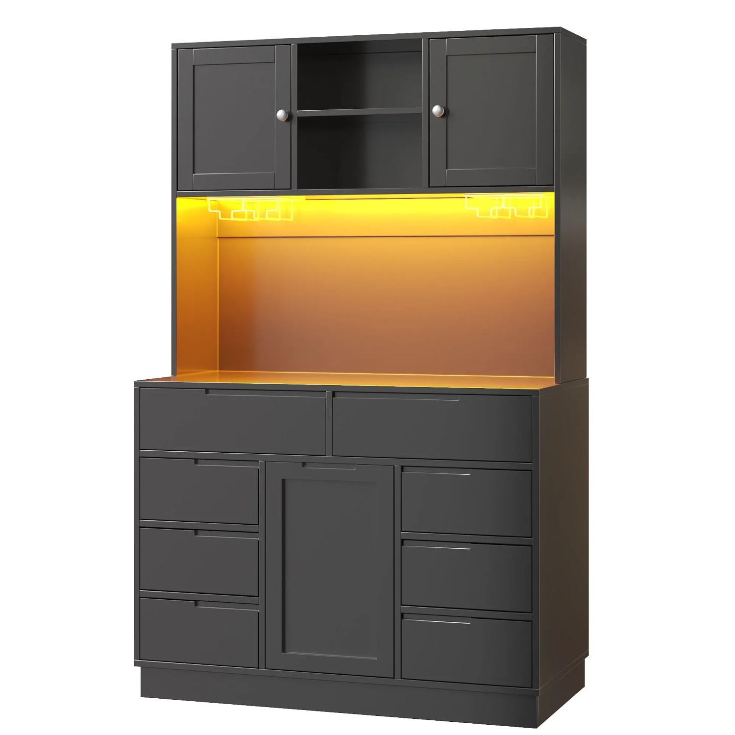 Merax Hochschrank 120x40x1835 cm Schwarz 8 Schubladen Smart LED Magnetverschluss