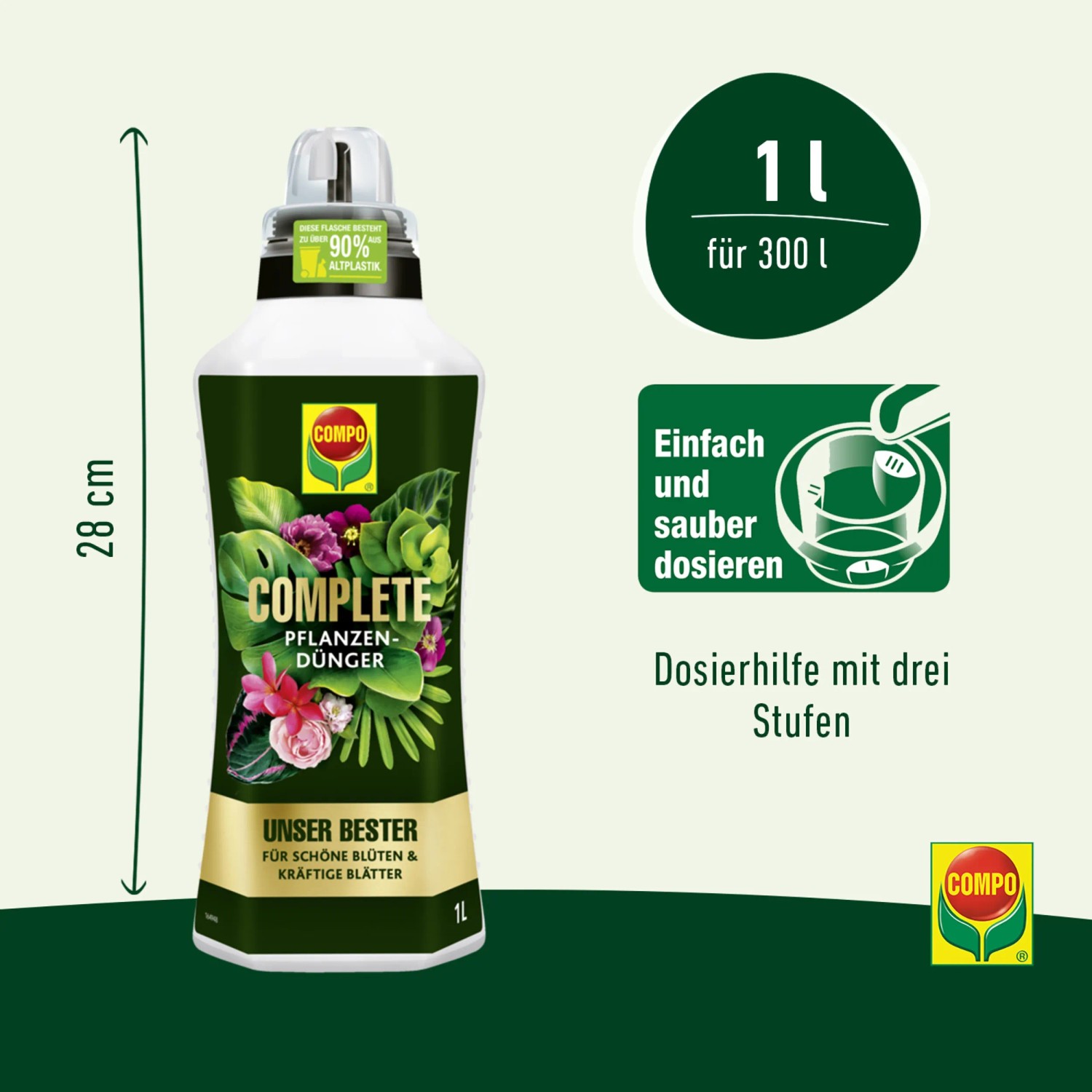 Flasche Compo Complete Pflanzendünger 1 l für üppiges Pflanzenwachstum.