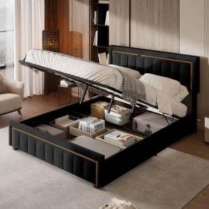 PXloue Polsterbett Schwarz Hydraulisch Stauraumbett 140x200cm Goldkanten Kopfteil