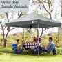 Grauer Sunula Faltpavillon 3x3m im Garten. Familie genießt Picknick unter dem wasserdichten Sonnenschutz.
