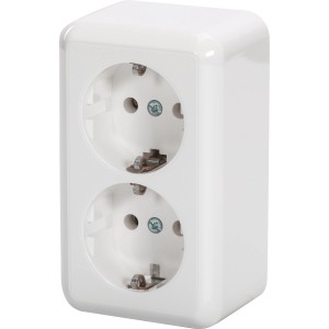 Merten AUFPUTZ Schuko-Doppelsteckdose aus Thermoplast, weiß, mit Steckklemmen.