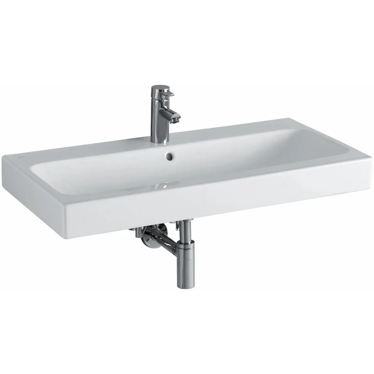 Weißes Geberit iCon Waschbecken, 90 cm breit, mit Hahnloch und Überlauf, KeraTect Beschichtung.