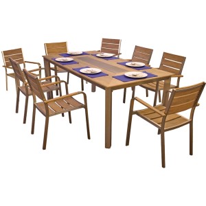 9-teilige Tischgruppe Florence in Teak-Optik mit champagnerfarbenem Gestell für den Garten.