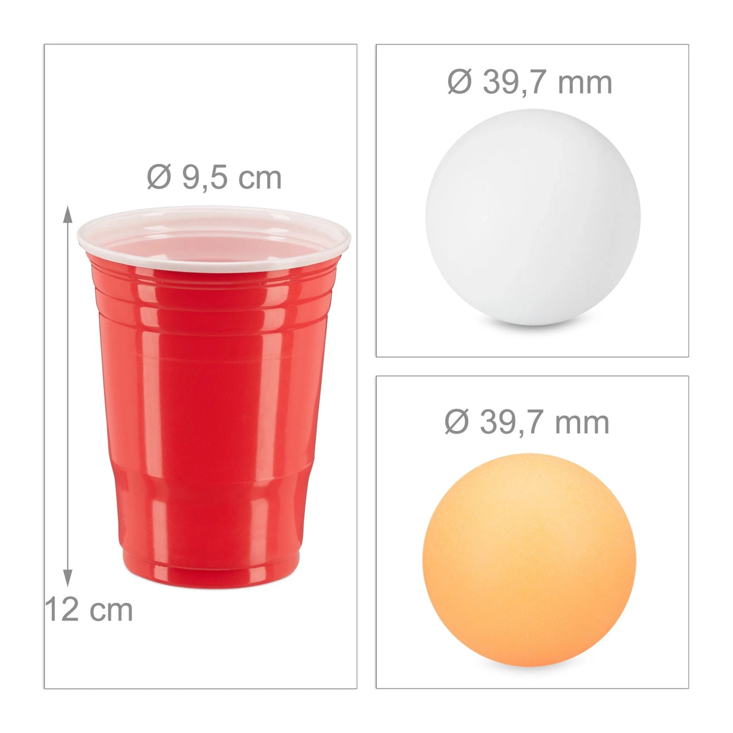 Roter Bierpong Kunststoffbecher (12x9,5 cm) mit weißen und orangen Bällen (Ø 39,7 mm). Ideal für Partys.