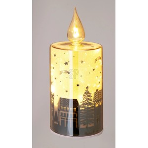 Bernsteinfarbene LED-Kerze aus Glas mit Laserpapier-Dorfmotiv, Tannenbäumen und Sternen, Weihnachtsdekoration.