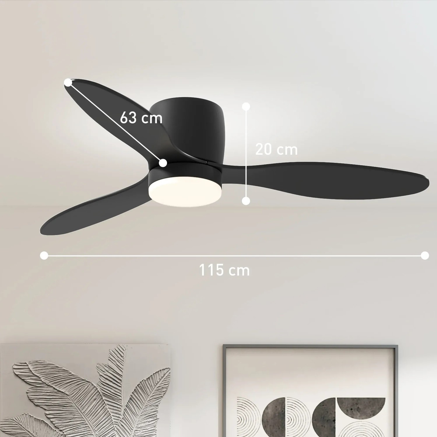 Schwarzer HOMCOM Deckenventilator mit Lampe und Fernbedienung, Durchmesser 115 cm.