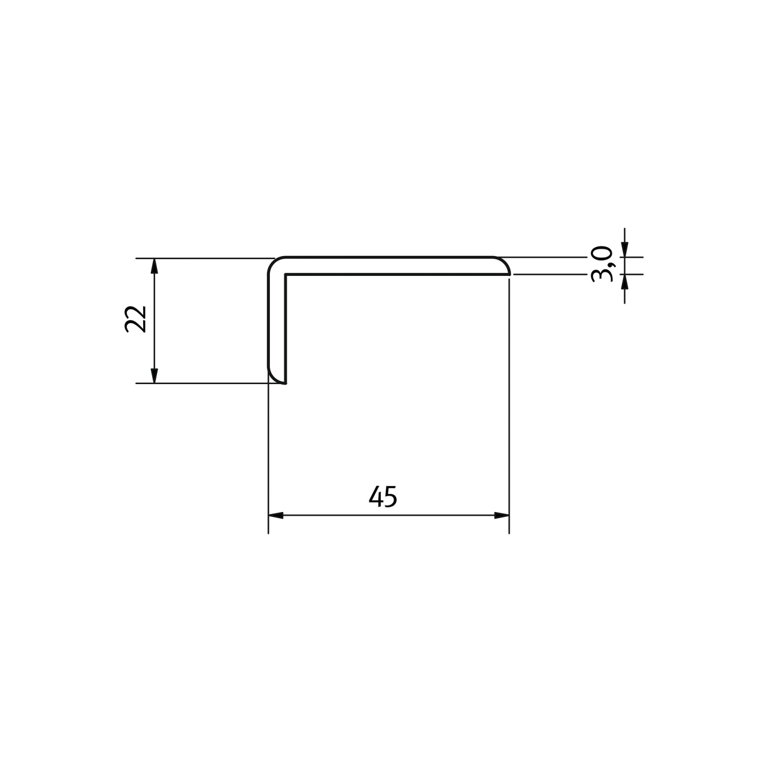 Technische Zeichnung einer Egger Winkelleiste Decowall WL001 Namur, Fichte Natur, mit Maßangaben.