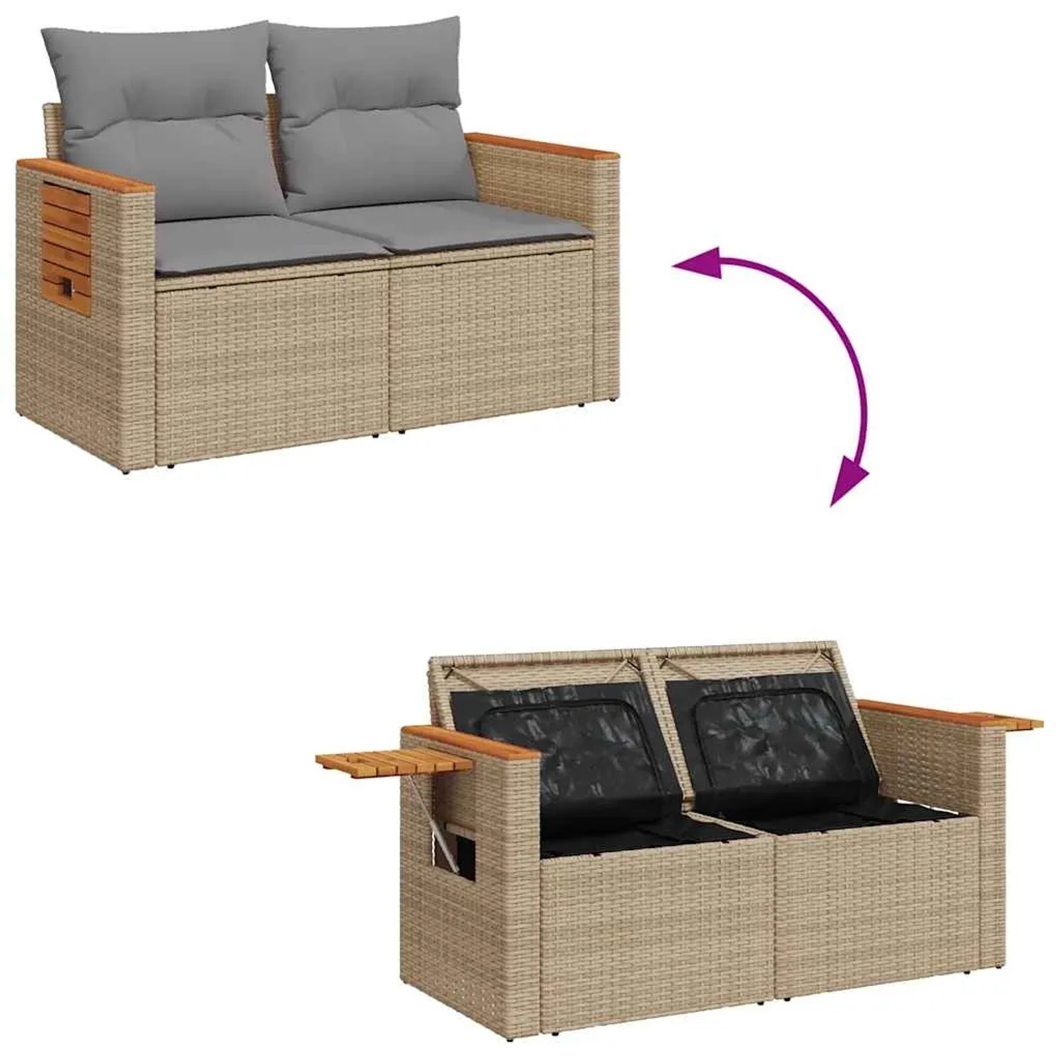Beige 7-tlg. Garten-Sofagarnitur aus Rattan mit Kissen und Stauraum.