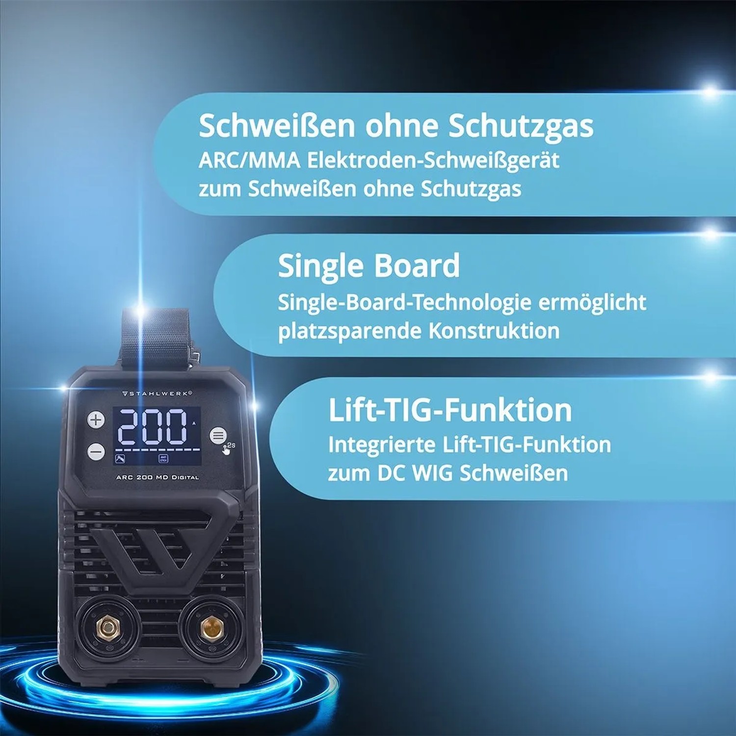 STAHLWERK ARC 200 MD Schweißgerät: Digitaler Inverter für E-Hand & WIG, 200 A, mit Zubehör.