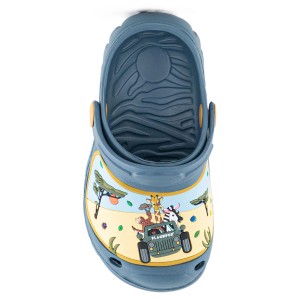 Blaue Blackfox Clogs Mini Baobab, Größe 22/23, mit Safari-Motiv für Kinder.