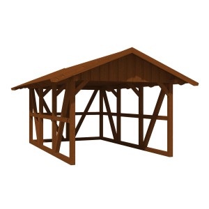 Skan Holz Carport Schwarzwald in Nussbraun mit Dachschalung und Rückwand, Fachwerkbauweise.