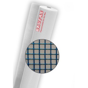 Blaues Außenputzgewebe, 1 x 50 m Rolle, Detailaufnahme der Gitterstruktur.