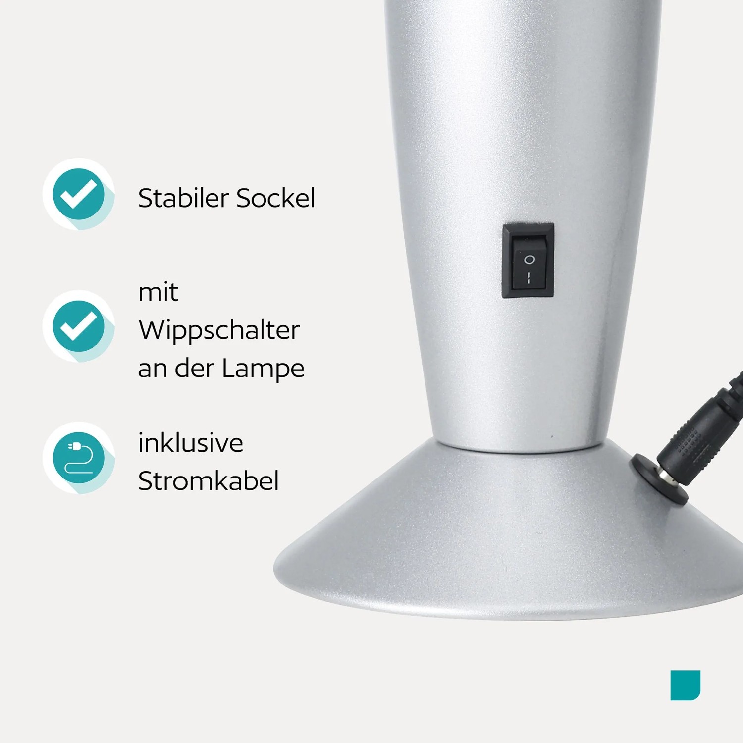 Eglo LED-Lavatischleuchte: Silberner Sockel, Wippschalter, Stromkabel. Stabile LED-Tischleuchte.