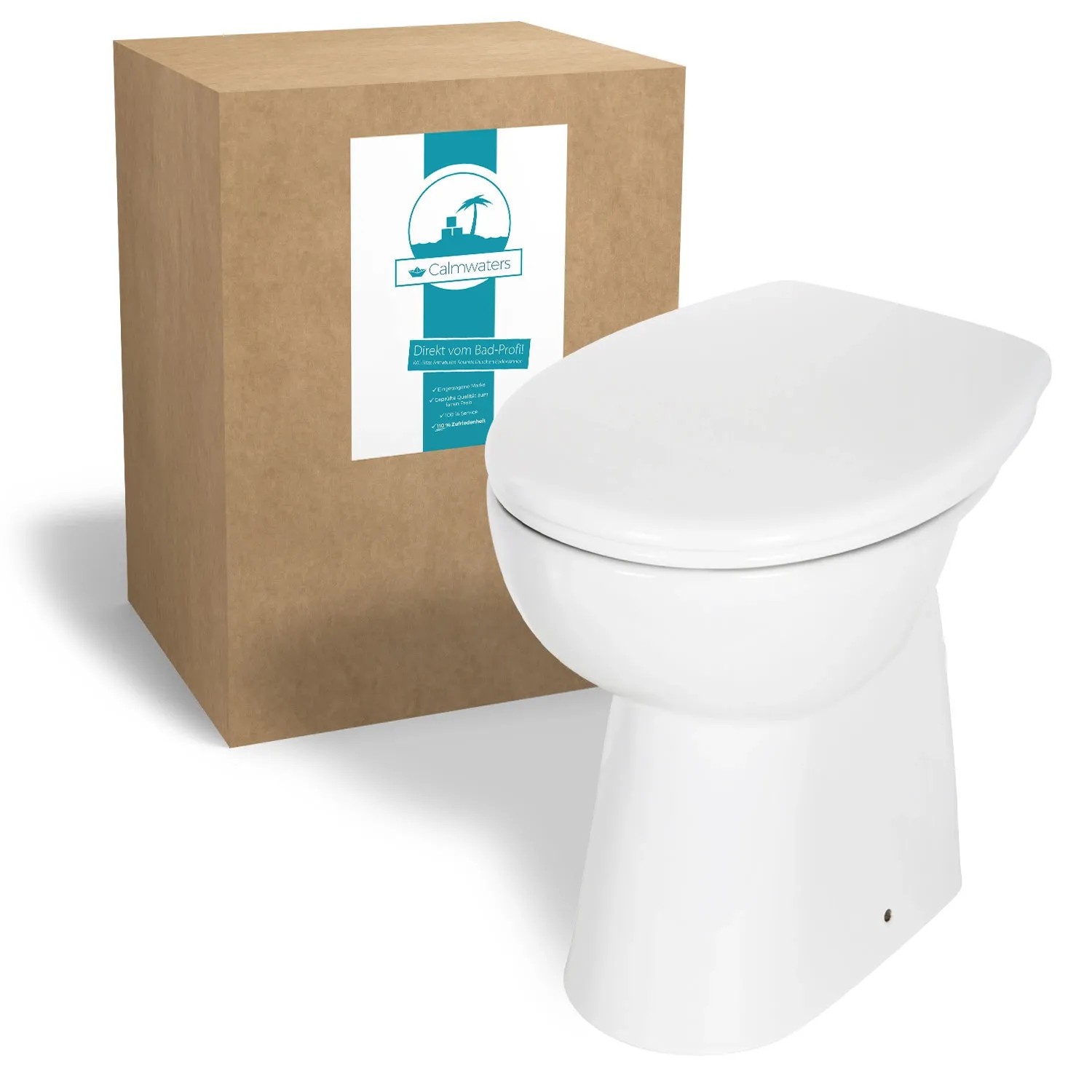 Calmwaters Stand-WC Set, erhöht, spülrandlos, mit Spülkasten und WC-Sitz. Weiß.
