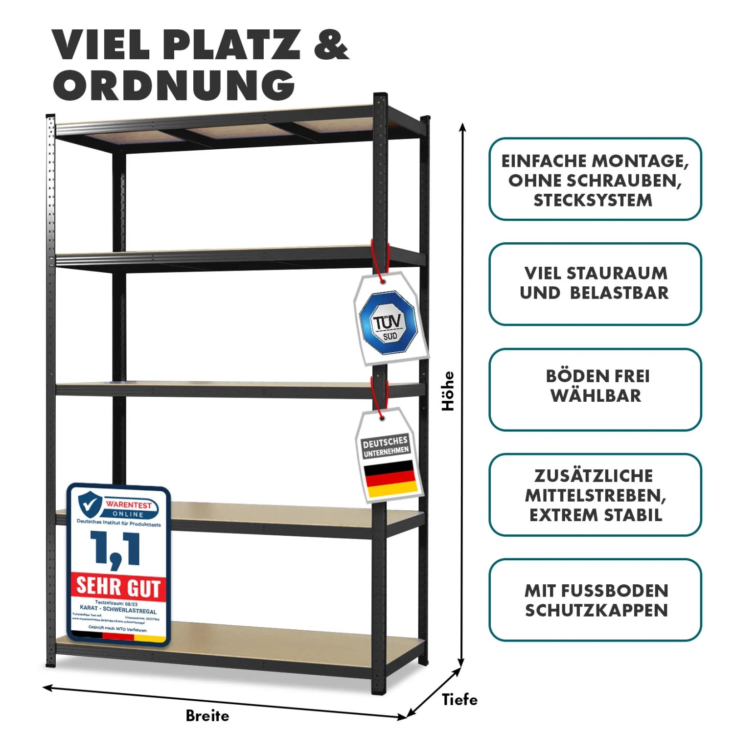 Schwarzes KARAT Schwerlastregal mit 5 Böden, ideal für Lagerung und Ordnung.