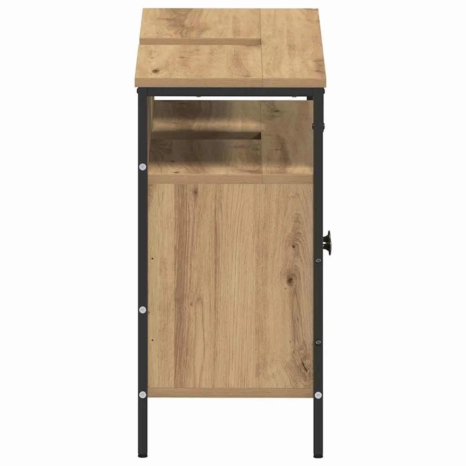 vidaXL Waschbeckenschrank Artisan-Eiche, Seitenansicht. Holzoptik mit schwarzem Metallrahmen, Tür und Ablage. Badmöbel.