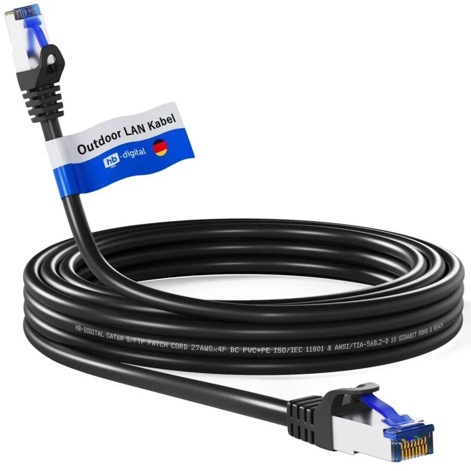 hb-digital 10m Patchkabel CAT 6a Outdoor RJ45 S/FTP PVC+PE  Schwarz