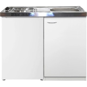 Flex-Well Miniküche Pantry, 100 cm, Weiß, mit Spüle, Kochfeld und Kühlschrank.